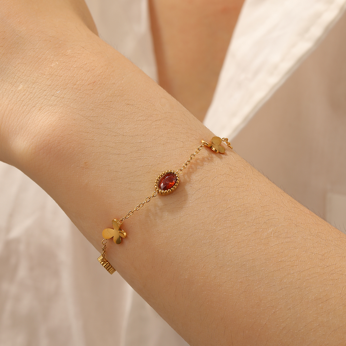 Butterfly Clasp Deployant - Stainless Steel Elliptical Pink Crystal Flower
