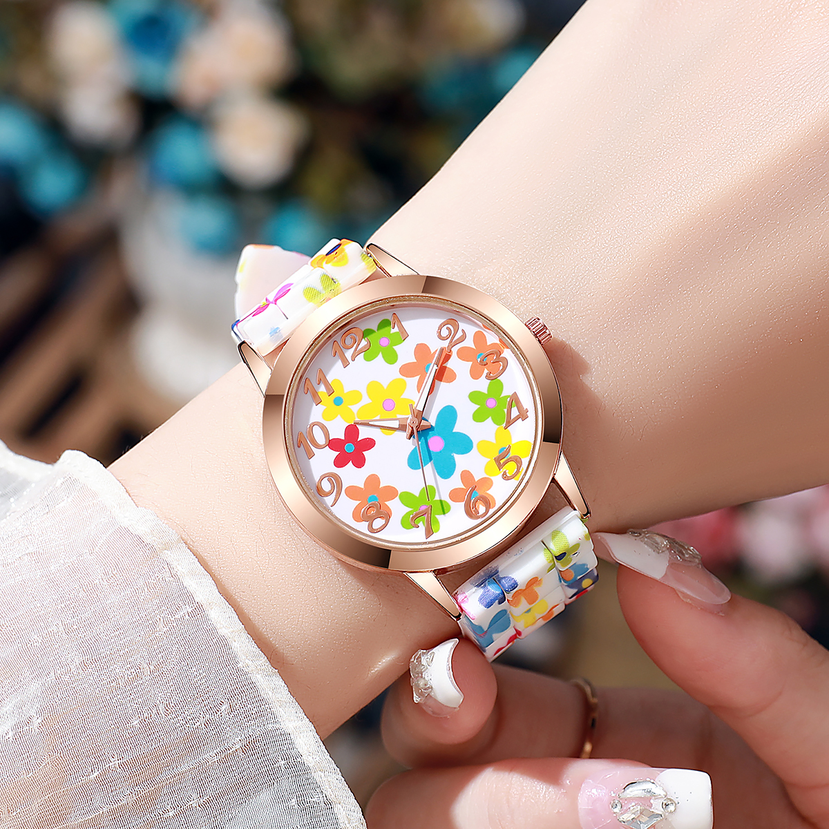 Fashion Flowers Printed Women  - Silicone Band Women 评论和价格